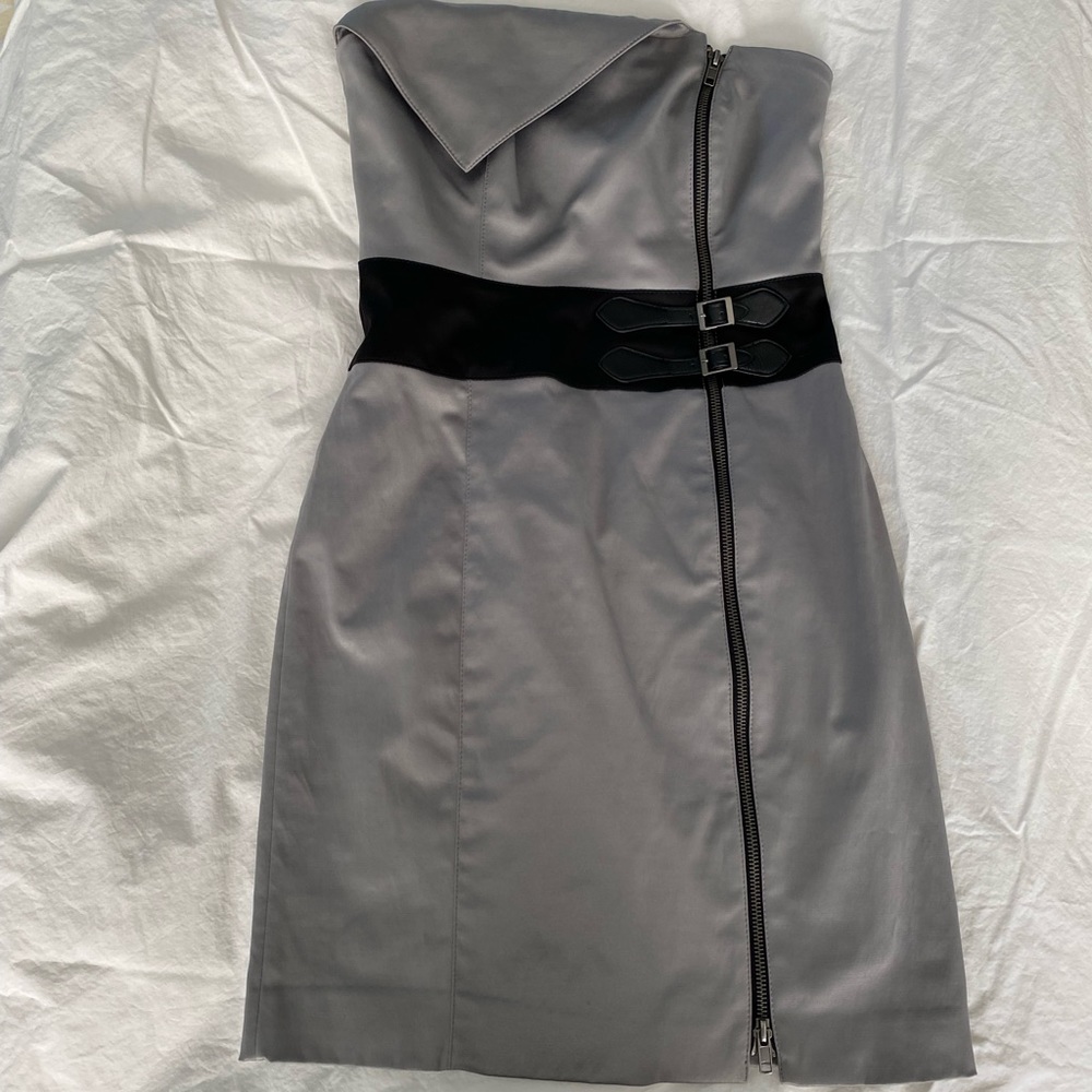 Bebe Silver Strapless Mini Dress with Zipper and Buckle Detail - size 2